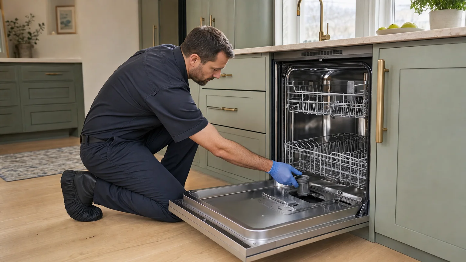 Panel-ready dishwasher prepared for a professional diagnostic visit